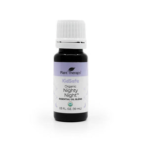 Plant Therapy KidSafe Organic Nighty Night essential oil blend 10 mL amber glass bottle with white cap and purple label