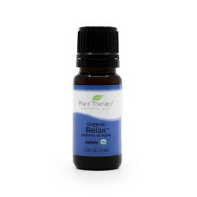 Plant Therapy Organic Relax Synergy Blend 10 mL amber glass essential oil bottle with black cap and blue label
