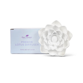 Plant Therapy Passive Lotus Diffuser with white lotus flower diffuser and light blue product box