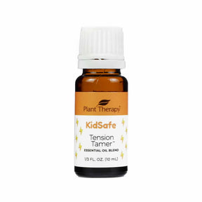 Plant Therapy KidSafe Tension Tamer essential oil blend, 10 mL amber glass bottle with white cap and orange label