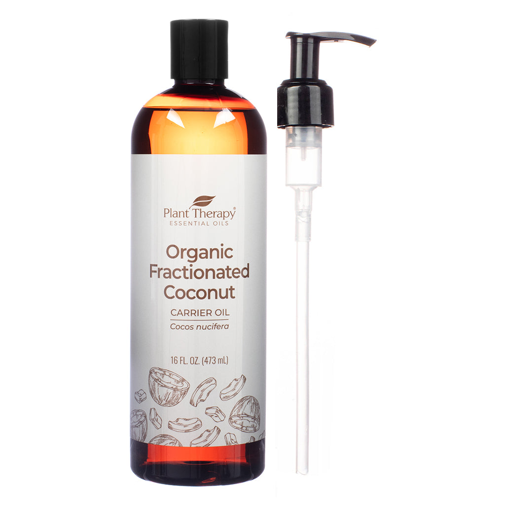 Bottle of Plant Therapy Organic Fractionated Coconut Carrier Oil with a clean label design showing coconut illustrations and product details. The front label indicates it's a 16 fl oz (473 ml) bottle, suitable for aromatherapy or use as a carrier oil, and includes a separate pump dispenser.