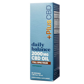 +PlusCBD Daily Balance 2000mg CBD Oil peppermint box, blue carton with supplement facts side panel, 1.86 fl oz