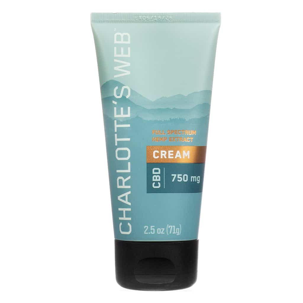 This is Charlotte's Web CBD Cream in a teal tube, containing 750 mg of full-spectrum hemp extract. The product is designed for topical application to support skin and muscle health, offering a moisturizing, non-greasy formula.