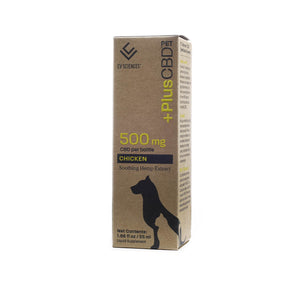 +PlusCBD Pet 500mg Chicken liquid box, brown carton with black dog silhouette, 1 oz 55 ml label