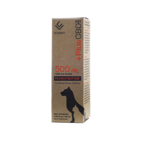 PlusCBD Pet Formula, peanut butter flavor, 500 mg CBD per bottle in a 1.86 fl oz (55 ml) size. The brown packaging features black and red text, the PlusCBD logo, and a silhouette of a dog.