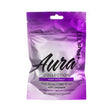 Metallic purple pouch of PlusCBD Aura Collection Hemp Extract Gummies in Mountain Berry flavor. The label notes 10mg THC and 10mg CBD per gummy with limonene, promoting radiance and positivity.