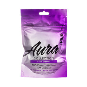 +PlusCBD Aura Illuminate Mountain Berry gummies in metallic purple pouch, 20 gummies, THC 10 mg/CBD 10 mg label