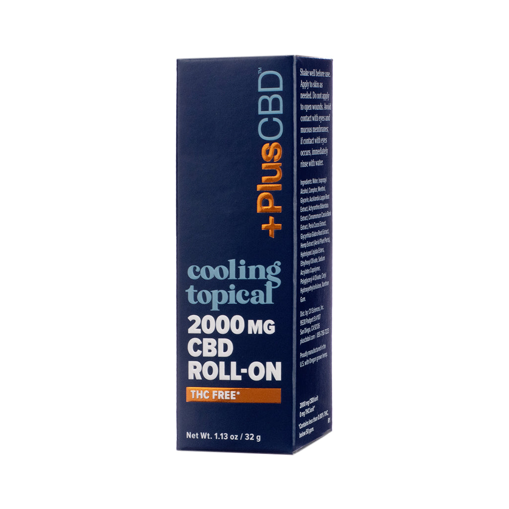 PlusCBD CBD Roll On 2000mg Cooling Topical, front label showcasing high-strength CBD formula with menthol for targeted relief in a roll-on applicator.