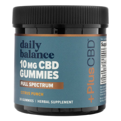 A black plastic jar of PlusCBD Daily Balance 10mg CBD Gummies, displaying the front label with product branding. The label highlights full-spectrum hemp extract, citrus punch flavor, and a CBD potency of 10mg per gummy. The jar contains 30 gummies, labeled as a herbal supplement.