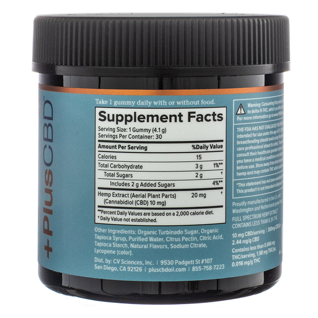 The back of a PlusCBD Daily Balance 10mg CBD Gummies jar, displaying the supplement facts label. The label lists 10mg CBD per gummy, 20mg total hemp extract, and caloric and sugar content per serving. It also includes organic turbinado sugar, organic tapioca syrup, and natural flavors as ingredients.