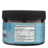 The back of a PlusCBD Daily Balance 10mg CBD Gummies jar, displaying the supplement facts label. The label lists 10mg CBD per gummy, 20mg total hemp extract, and caloric and sugar content per serving. Additional ingredients include organic turbinado sugar, organic tapioca syrup, citrus pectin, and lycopene for color.