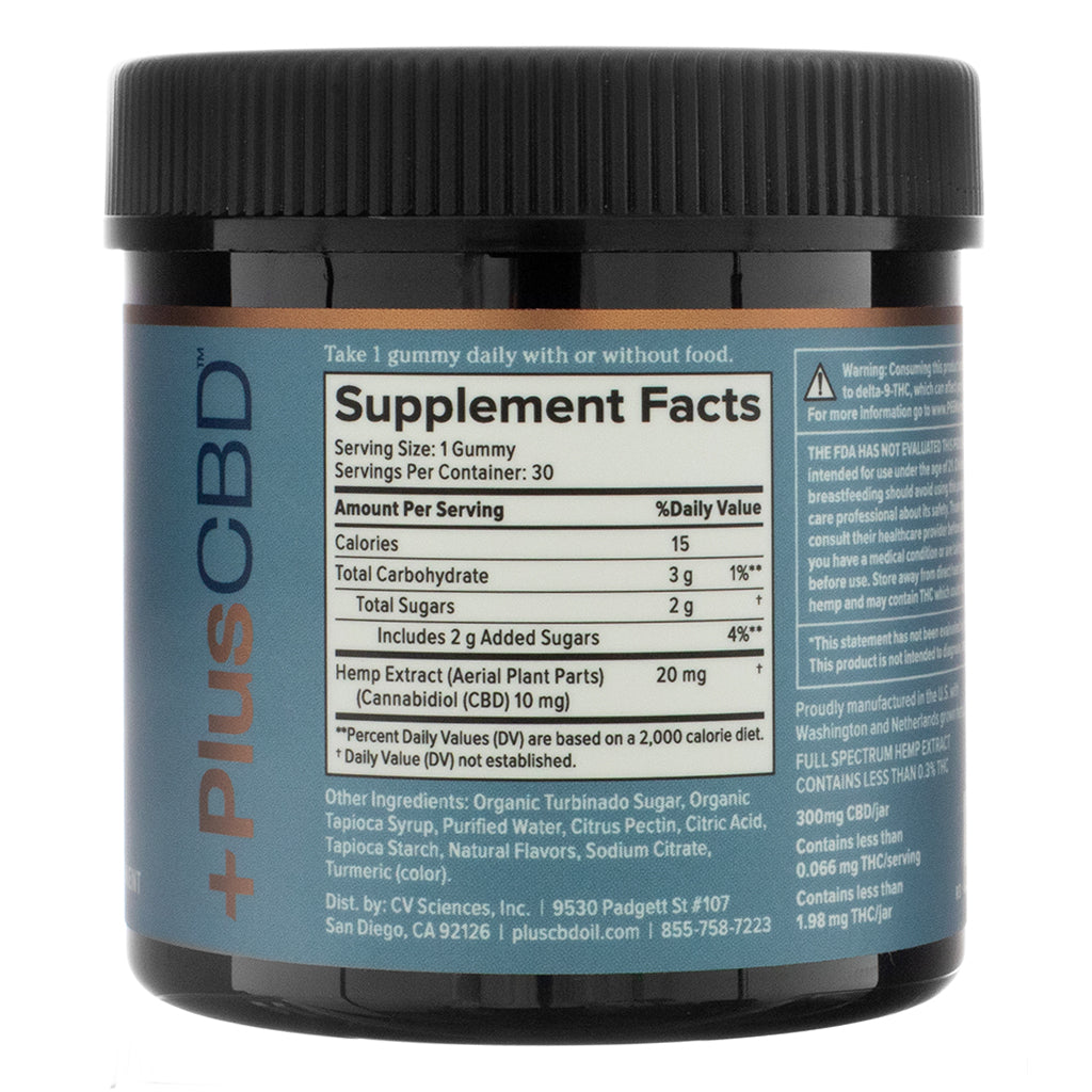 The back of a PlusCBD Daily Balance 10mg CBD Gummies jar, displaying the supplement facts label. The label lists 10mg CBD per gummy, 20mg total hemp extract, and caloric and sugar content per serving. Additional ingredients include organic turbinado sugar, organic tapioca syrup, citrus pectin, and turmeric for color.
