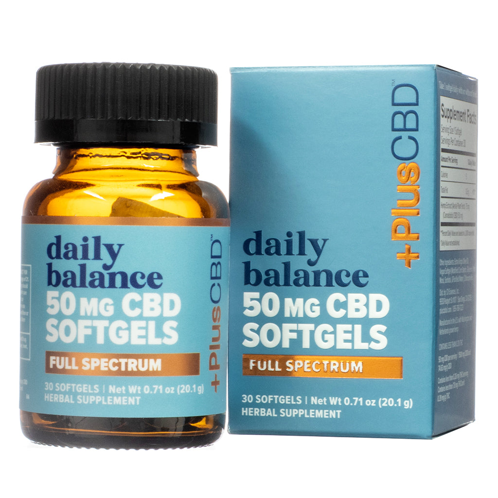 Product shot of PlusCBD Daily Balance 50 mg CBD Softgels Full Spectrum showing a 30-softgel amber bottle and outer box with clear labeling of dosage, formula, and supplement type.