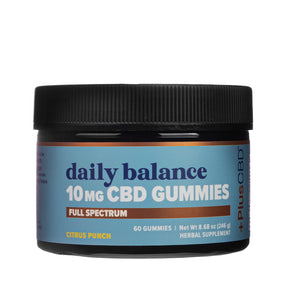 +PlusCBD Daily Balance 10mg CBD Gummies jar, blue and orange label, black lid, 60 gummies Citrus Punch