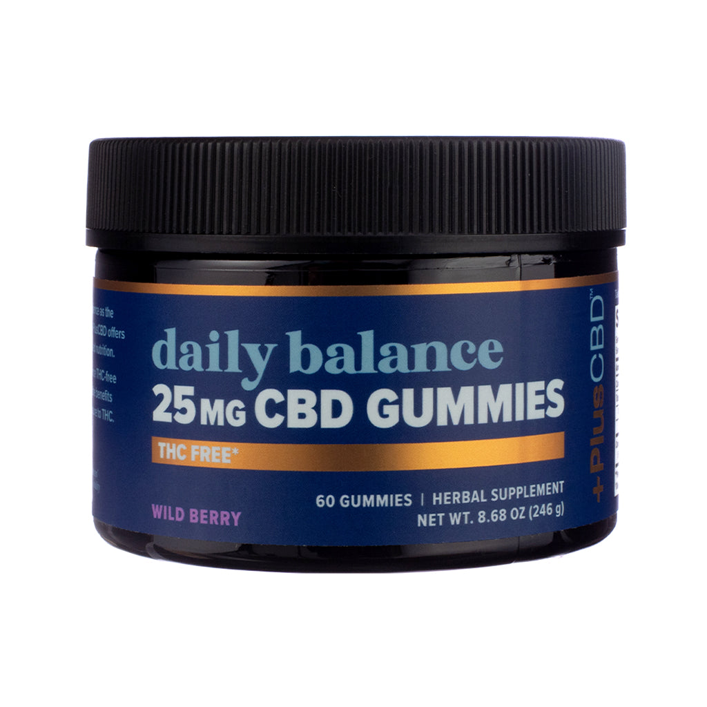PlusCBD Daily Balance Gummies - Wild Berry 60 Gummies, front label with fruity branding, emphasizing daily CBD balance in a naturally flavored gummy form.