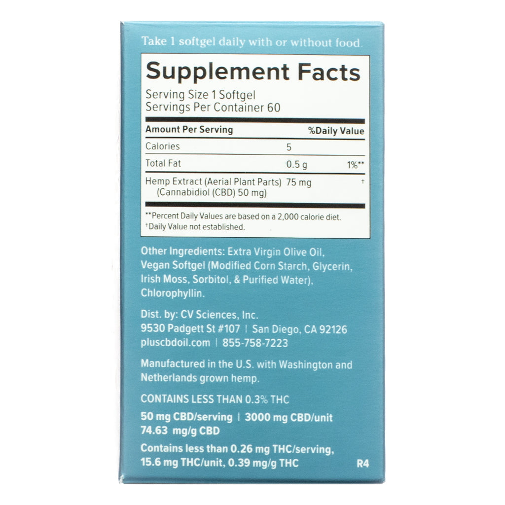 Supplement Facts panel for PlusCBD Daily Balance Softgels 50mg Full Spectrum, detailing serving size, ingredients, and nutritional information.