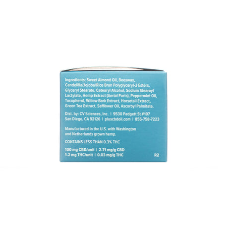 Back view of +PlusCBD Daily Topical 100mg CBD Balm Full Spectrum 1.3 oz box listing ingredients including hemp extract, peppermint oil, and green tea extract.

