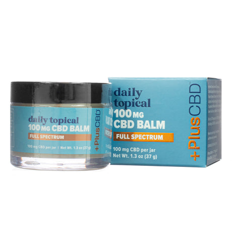 Front view of +PlusCBD Daily Topical 100mg CBD Balm Full Spectrum 1.3 oz jar and box, showing product name, strength, and branding.

