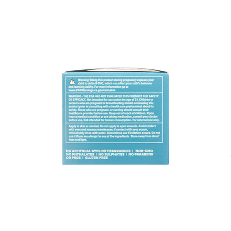 Side panel of +PlusCBD Daily Topical 100mg CBD Balm Full Spectrum 1.3 oz showing warnings, usage directions, and product claims including non-GMO, gluten-free, and no parabens.