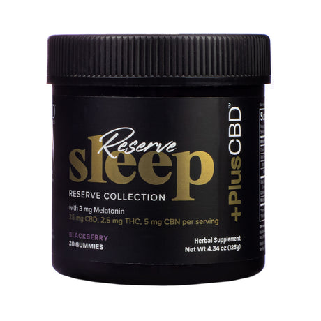 Black jar of PlusCBD Reserve Sleep Gummies in Blackberry flavor, 30 count. Contains 3 mg melatonin, 25 mg CBD, 2.5 mg THC, and 5 mg CBN per serving for restful sleep support.