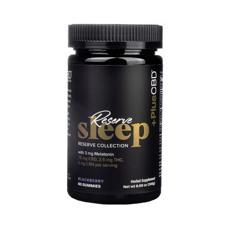 Larger black bottle of PlusCBD Reserve Sleep Blackberry Gummies, 60 count. Labeled with 3 mg melatonin, 25 mg CBD, 2.5 mg THC, and 5 mg CBN per serving from the Reserve Collection.