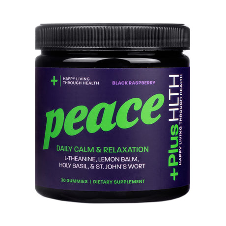 +PlusCBD Peace Black Raspberry gummies black jar, purple label, 30 gummies dietary supplement