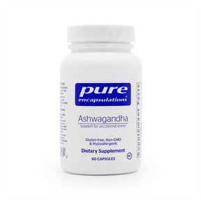 Pure Encapsulations Ashwagandha 60 capsules white bottle with blue and white label dietary supplement