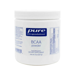 Pure Encapsulations BCAA powder, white 8 oz supplement tub with blue and white label and white screw-top lid