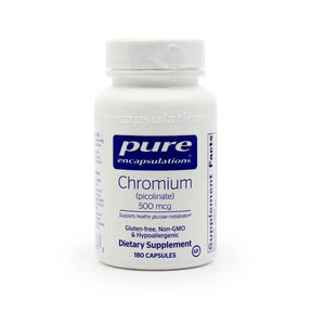 Pure Encapsulations Chromium (Picolinate) 500 mcg capsules, white bottle with blue and white label, 180 capsules