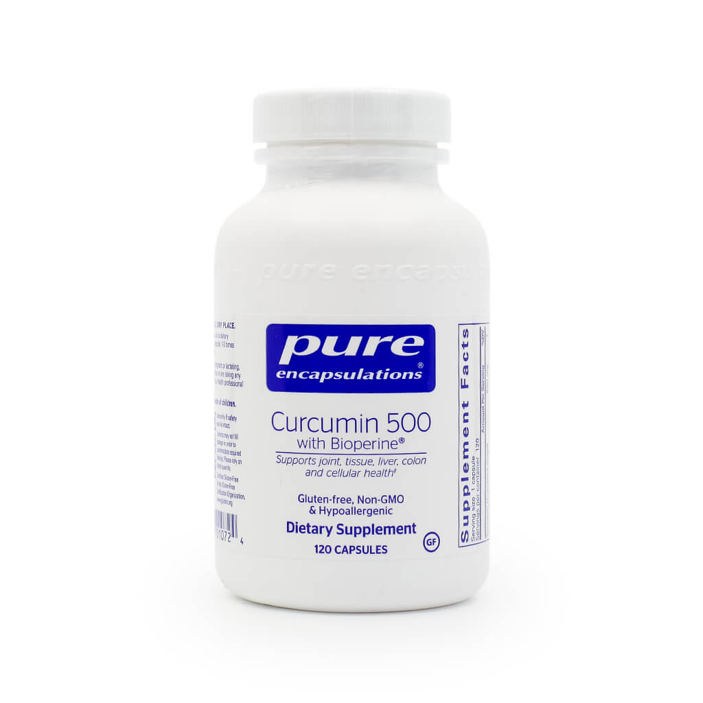 A white plastic bottle of Pure Encapsulations Curcumin 500 with Bioperine capsules. The label is primarily white with blue text and features the brand name Pure Encapsulations in bold on a blue background. The product is a dietary supplement designed to support joint, tissue, liver, colon, and cellular health, labeled as gluten-free, non-GMO, and hypoallergenic. The bottle contains 120 capsules.