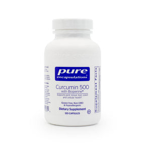 Pure Encapsulations Curcumin 500 with Bioperine 120 capsules white bottle with white and blue label