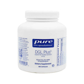 Pure Encapsulations DGL Plus 180 capsules white bottle with blue and white label, supplement facts panel visible