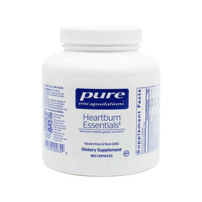 Pure Encapsulations Heartburn Essentials 180 capsules white bottle with blue and white label, supplement facts panel