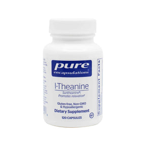 Pure Encapsulations L-Theanine 120 capsules white bottle with blue and white label dietary supplement