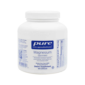 Pure Encapsulations Magnesium (Glycinate) white bottle, blue and white label, dietary supplement, 180 capsules