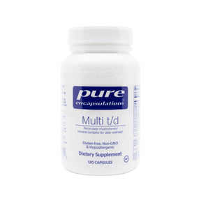 Pure Encapsulations Multi T/D 120 capsules white supplement bottle with blue and white label