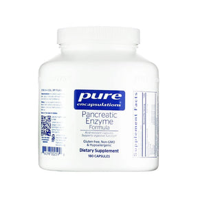 Pure Encapsulations Pancreatic Enzyme 180 capsules white bottle with blue label, front and supplement facts side panel