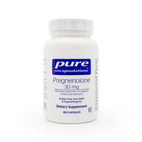Pure Encapsulations Pregnenolone 30 mg white supplement bottle, 180 capsules, blue and white label