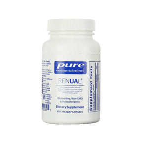 Pure Encapsulations RENUAL white supplement bottle, blue and white label, 60 Caplique capsules