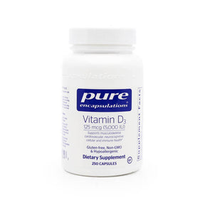 Pure Encapsulations Vitamin D3 125 mcg capsules, white bottle with blue and white label, 250 capsules