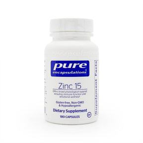 Pure Encapsulations Zinc 15 white supplement bottle with blue and white label, 180 capsules