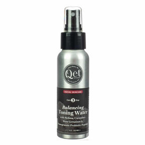 Qet Botanicals Balancing Toning Water facial skincare spray bottle, silver metal with black label, 2 fl oz bottle
