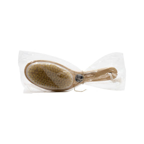 Qet Botanicals Body Brush for Dry Brushing wooden handled brush in clear plastic packaging