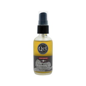 Qet Botanicals Hydrating Cleansing Oil with Lavender 2 oz frosted glass pump bottle with black and gray label