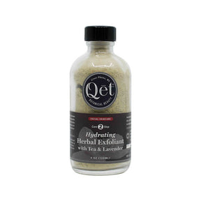 Qet Botanicals Hydrating Herbal Exfoliant with Tea & Lavender, 4 oz clear glass bottle with black label and cap