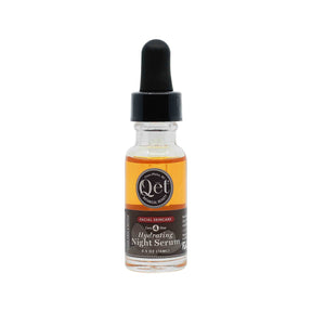 Qet Botanicals Hydrating Night Serum 0.5 oz glass dropper bottle with amber liquid, black cap, and orange label