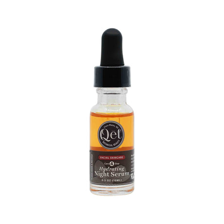 A 0.5 oz glass dropper bottle of Qēt Botanical Beauty Hydrating Night Serum with an amber-colored liquid and black label. The packaging highlights it as a core facial skincare step designed to deeply moisturize skin overnight.