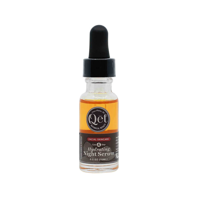 A 0.5 oz glass dropper bottle of Qēt Botanical Beauty Hydrating Night Serum with an amber-colored liquid and black label. The packaging highlights it as a core facial skincare step designed to deeply moisturize skin overnight.