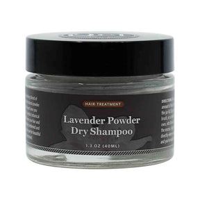 Qet Botanicals Lavender Powder Dry Shampoo 1.3 oz glass jar with black lid and dark gray hair treatment label