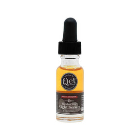 Qet Botanicals Restoring Night Serum clear 0.5 oz glass bottle with amber liquid, black dropper cap and label